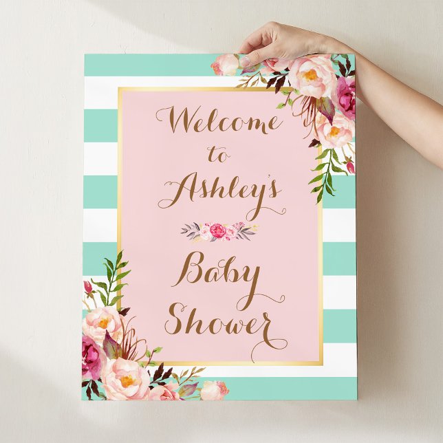 Baby Shower Sign Pink Floral Mint Green Stripes (Creator Uploaded)