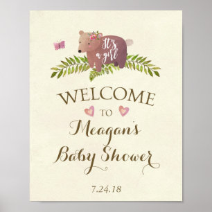 baby shower sign pink it's a girl woodland bear