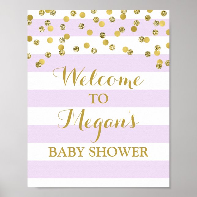 Baby Shower Sign Purple Stripes Gold Confetti (Front)