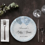 Baby shower silver blue boy glitter balloons paper plate<br><div class="desc">A faux silver metallic looking background.  Decorated with blue faux glitter dust and balloons. Personalize and add a name and date. The name is written with a hand lettered style script</div>
