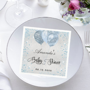 Baby shower silver blue glitter balloons napkin
