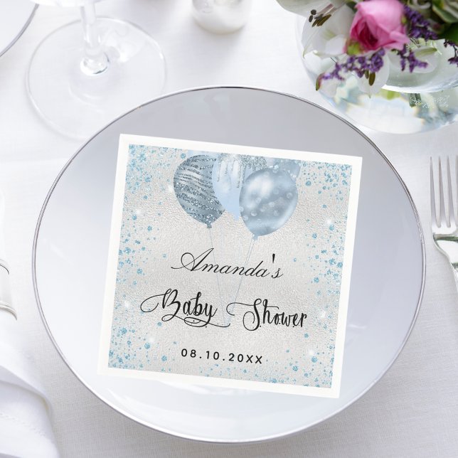 Baby shower silver blue glitter balloons napkin (Creator Uploaded)