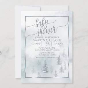 Baby Shower Silver Blue Winter Wonderland Announcement