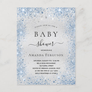 Baby shower silver glitter dust blue boy name invitation postcard