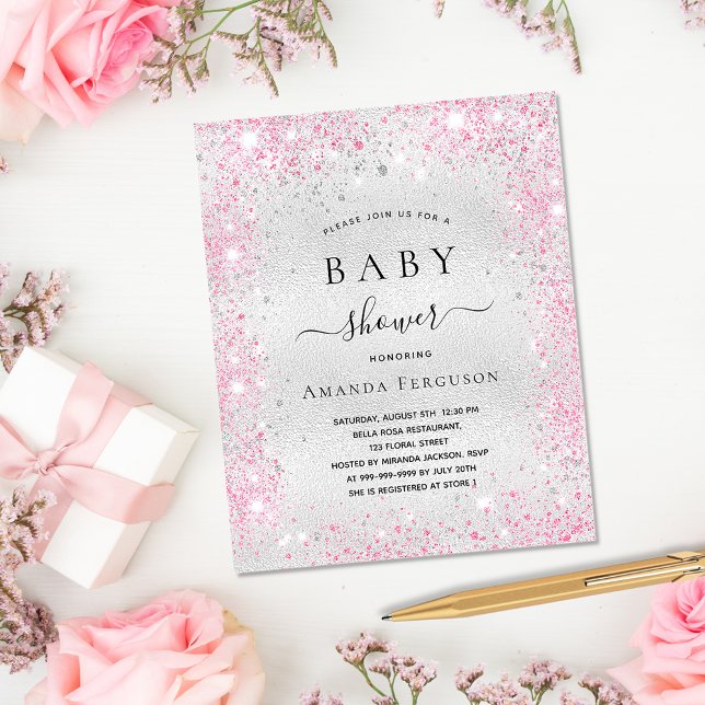 Baby shower silver glitter dust pink girl  invitation postcard (Creator Uploaded)
