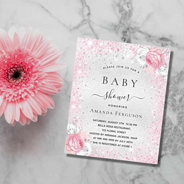 Baby shower silver pink floral invitation magnet (Creator Uploaded)
