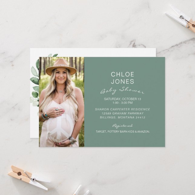 Baby shower simple moderne Photo Sage Invitation (Devant/Arrière en situation)