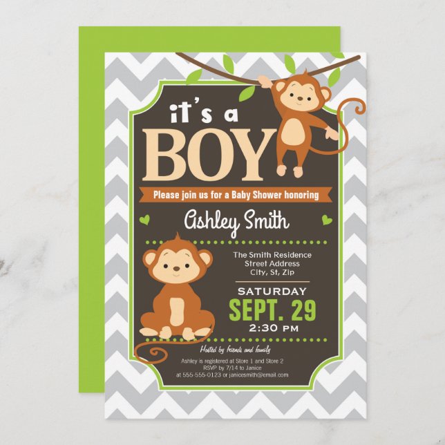 Baby shower singe Invitation garçon (Devant / Derrière)