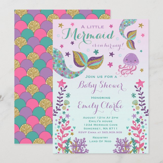 Baby shower Sirène Invitation Douche Or Rose (Devant / Derrière)