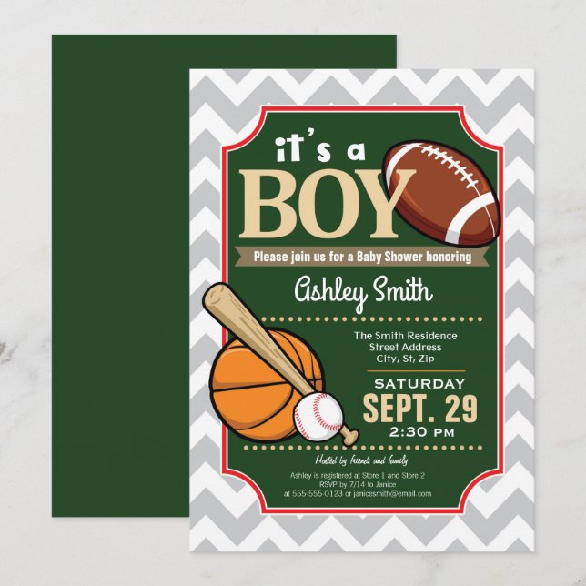 Baby shower sportif Invitation garçon (Devant / Derrière)