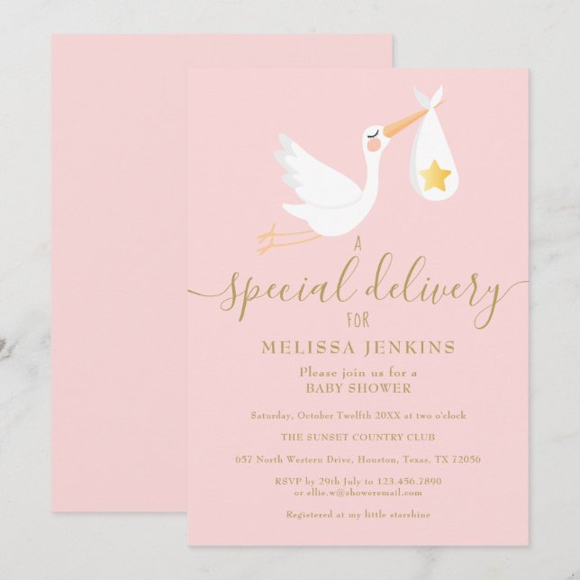 Baby Shower Sprinkle Special Delivery Stork Pink Invitation (Front/Back)
