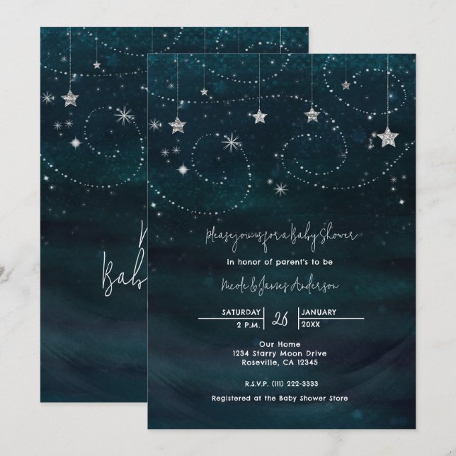 Baby Shower Starry Night Blue & Silver Invitation (Front/Back)