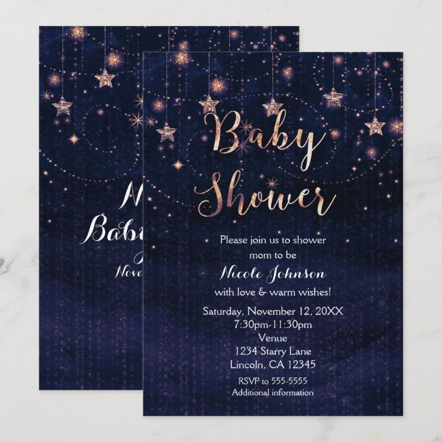 Baby shower Starry Nuit Violet & Gold Invitation (Devant / Derrière)