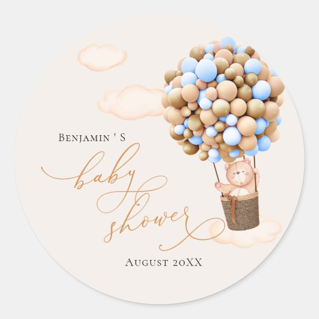 Baby Shower Sticker Bear Balloon gold blue (Front)