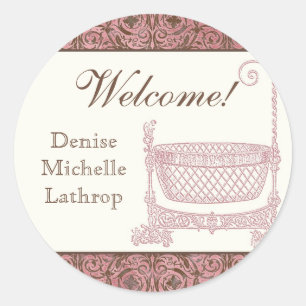 Baby Shower Stickers - Pink Brown Damask Cradle
