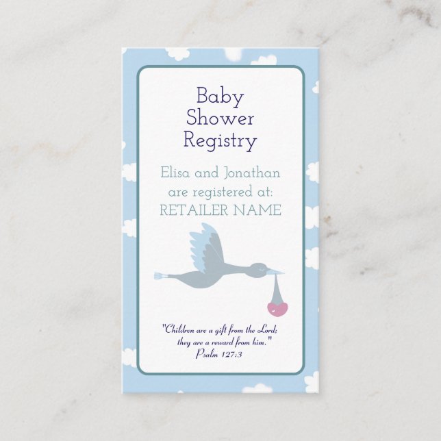 Baby Shower Stork Boy Blue Sky Clouds Bible Verse Enclosure Card (Front)