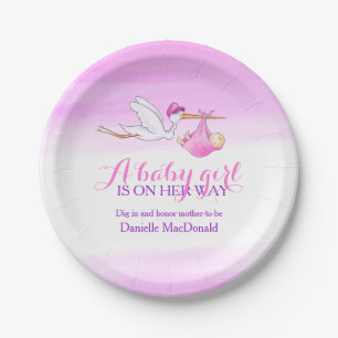 Baby Shower stork delivery baby girl art plate