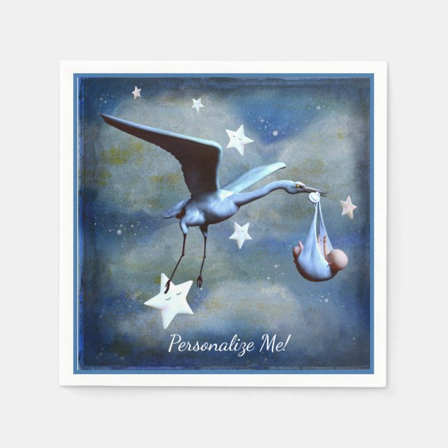 Baby Shower Stork & Newborn Blue Boy Personalized Napkin (Front)