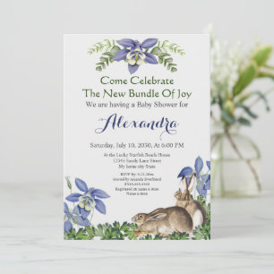 Baby Shower Stylish Blue Floral Rabbit Watercolor