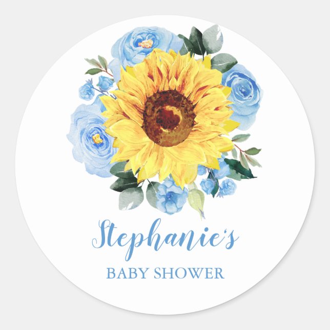 Baby Shower Sunflower Dusty Blue Roses Floral Classic Round Sticker (Front)