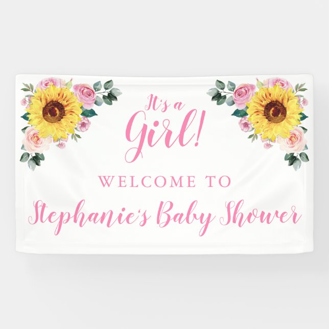 Baby Shower Sunflower Pink Floral Personalized Banner (Horizontal)