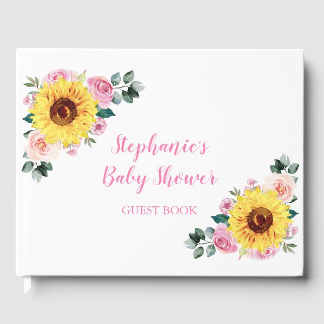 Baby Shower Sunflower Pink Floral Personalized Guest Book (Front)