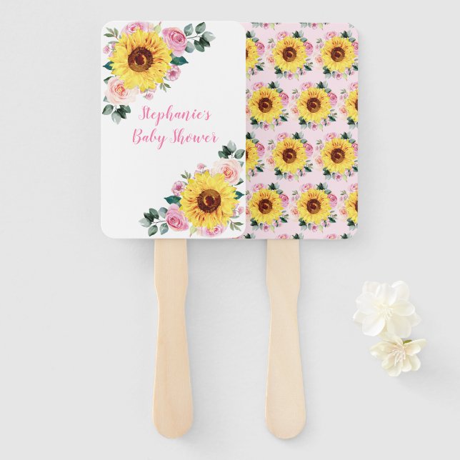 Baby Shower Sunflower Pink Floral Personalized Hand Fan (Front and Back)