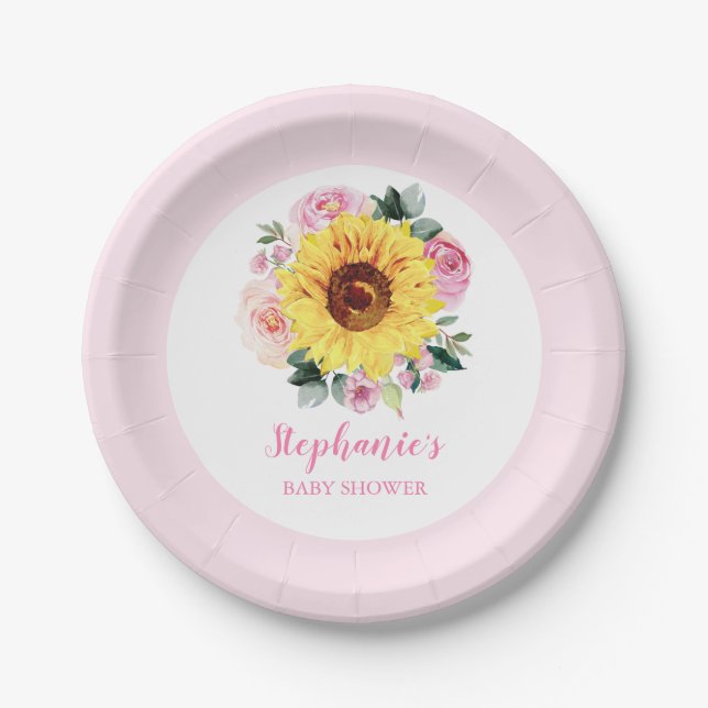 Baby Shower Sunflower Pink Floral Personalized Paper Plate (Front)