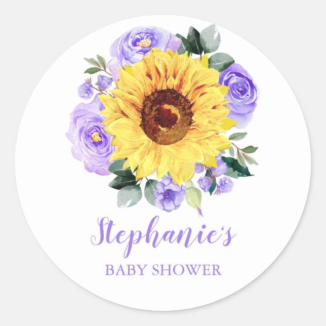 Baby Shower Sunflower Purple Floral Personalized Classic Round Sticker (Front)