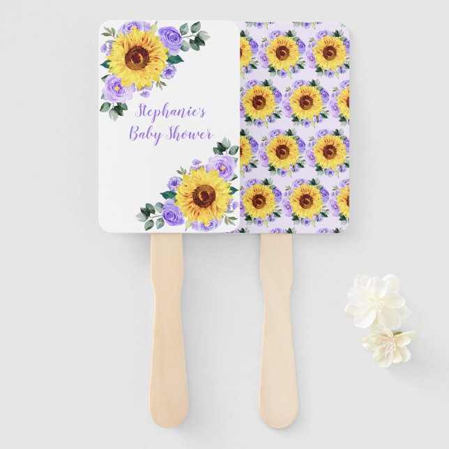 Baby Shower Sunflower Purple Floral Personalized Hand Fan (Front and Back)