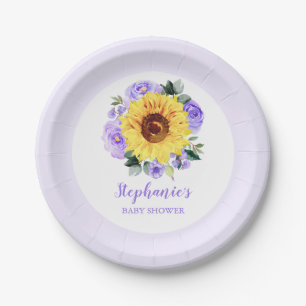 Baby Shower Sunflower Purple Floral Personalized Paper Plate
