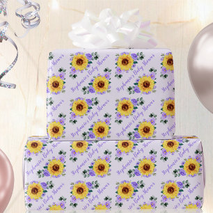 Baby Shower Sunflower Purple Personalized Name Wrapping Paper