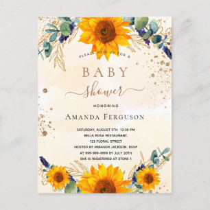 Baby Shower sunflowers eucalyptus gold glitter Invitation Postcard