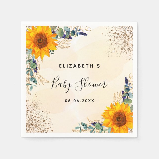 Baby shower sunflowers eucalyptus greenery glitter napkin (Front)