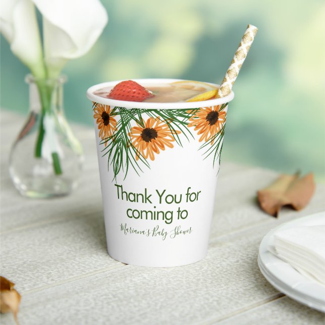 Baby Shower Sunflowers Greenery Thank You Paper Cups (Insitu)