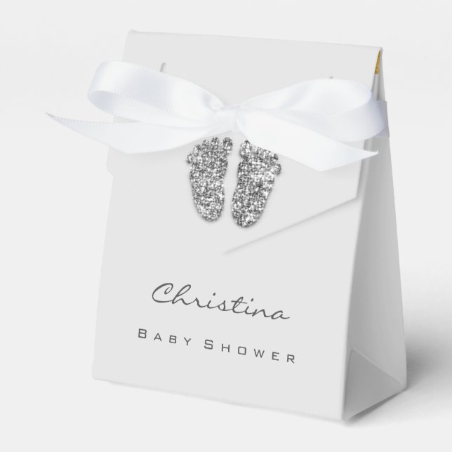 Baby Shower Sweet Feet Drips Glitter Silver Grey  Favor Box (Front Side)