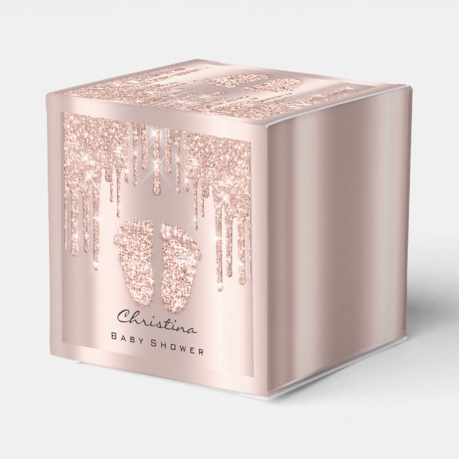 Baby Shower Sweet Feet Drips Rose Glitter Effect Favor Box (Back Side)