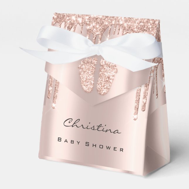 Baby Shower Sweet Feet Drips Rose Glitter Vlush Favor Box (Front Side)