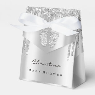 Baby Shower Sweet Feet Drips Silver Grey Glitter  Favor Box