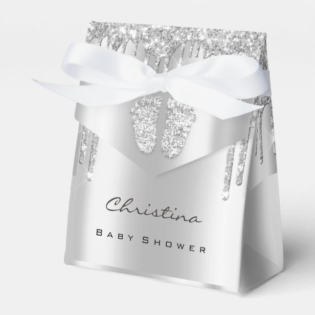 Baby Shower Sweet Feet Drips Silver Grey Glitter  Favor Box (Front Side)