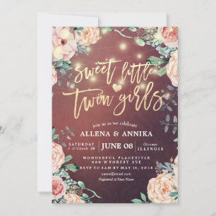 Baby Shower Sweet Little Twin Girls Flowers Lights Invitation