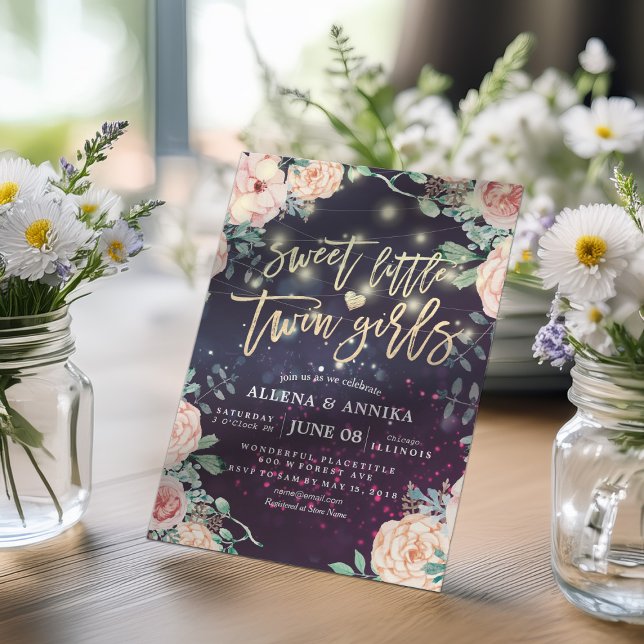 Baby Shower Sweet Little Twin Girls Flowers Lights Invitation (Creator Uploaded)