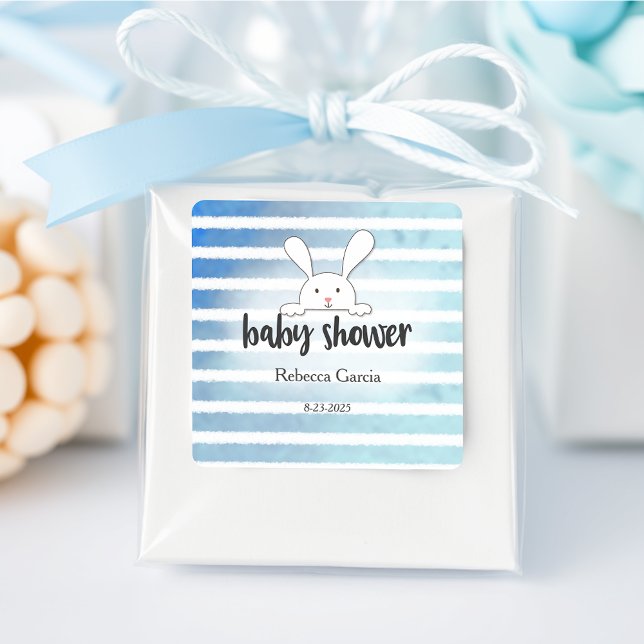 Baby Shower Tan White Bunny Blue Stripe Square Sticker (Creator Uploaded)