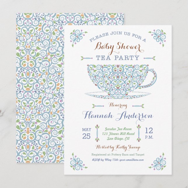 Baby shower Tea Party - Baby Boy II Invitation (Devant / Derrière)