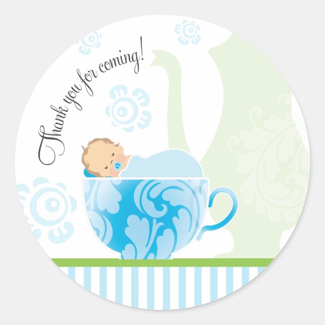 Baby shower Tea Party Favoriser Sticker | Garçon (Devant)
