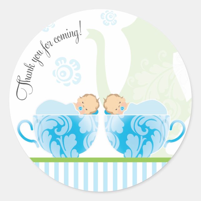 Baby Shower Tea Party Favour Sticker  |  Twin Boys (Front)