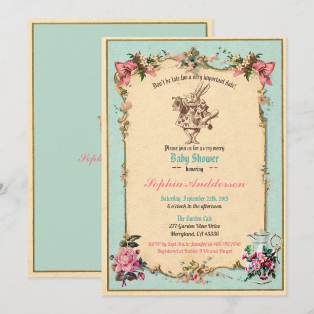 Baby shower tea party sip and see teal invitation (Front/Back)