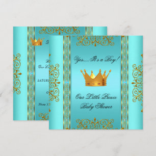 Baby Shower Teal Blue Gold Boy Prince Crown Invitation