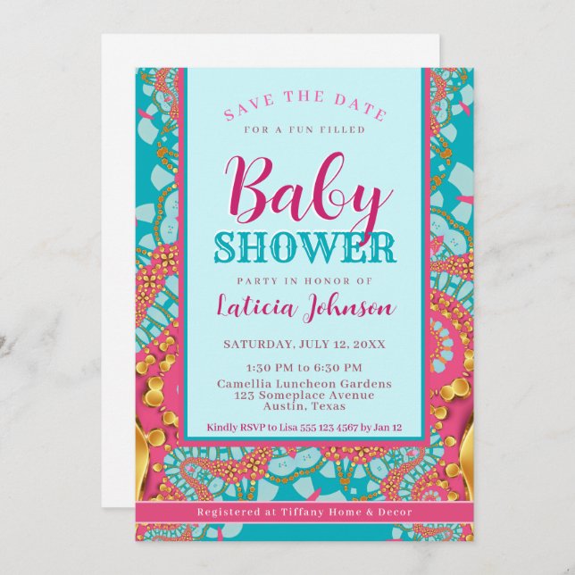 Baby Shower • Teal Blue & Pink Modern Abstract Invitation (Front/Back)