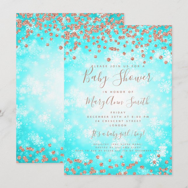 Baby Shower Teal Rose Gold Glitter Winter Wonder Invitation (Front/Back)